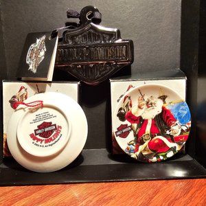 TWO Harley Davidson Christmas Plate Ornaments PLUS HD Black & Silver Ornament